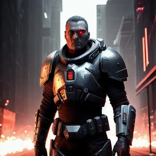 Prompt: man with grey skin space armor and bloody space weapon, ,with the dark gritty vibes of gears of wars in a midnight new york city foggy atmosphere, backstreet rendered in Unreal Engine 5 with the aspect ratio for youtube