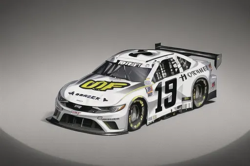 Prompt: No wing, Next Gen Nascar stock car, spoiler on trunk, sponsored by OpenArt, white and dark grey color scheme