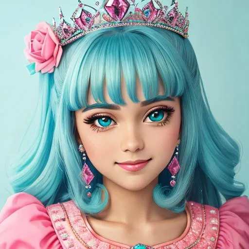 Prompt: princess wearing tiara, pink and turquoise color scheme, facial closeup