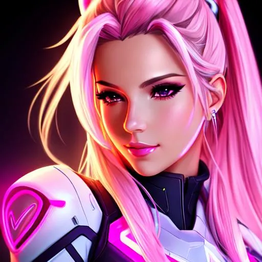 Prompt: high quality, beautiful woman, pink mercy from overwatch, deviant art, neon lights, full front