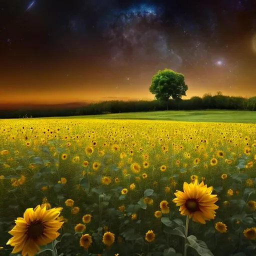 Prompt: A beautiful field of yellow flowers with a lot of sunflowers and a big tree in the middle. A beautiful night sky full of stars and the moon 