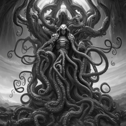 Prompt: human, god emperor, immortal tree, sequioa, tentacles, religious, scifi monochrome