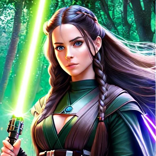 Prompt: (Breathtaking) ((star wars jedi woman)) realistic, green eyes, tattooed, gorgeous long hair, princess braids ((star wars empire))((Samurai)) jedi knight, ((holding a dual lightsabers)) {by: J. Scott Campbell}  ((high quality)),, {{ultra realistic, detailed, wearing leather harness halter}} (hdr), ((bokeh)), (((photorealism))), ((photo)), ((Realistic lighting)), ((Authentic)), ((Chromatic Aberration)), ((Lens Distortion)), (Grain), ((sharp focus)), ((Flattering Light)), 1girl, textured skin, shiny skin, textured shiny skin, cinematic dramatic angle, wearing open toe sandals, shoulder guard leather on their left arm, a padded sleeve manica on their right arm, dirty battered, battle worn, battle hardened, dirt scuffs, dusty, black hair, deep features, muscular toned body, many battle scars, 