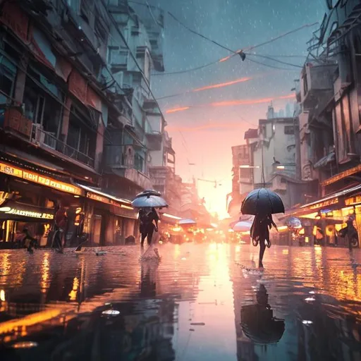 Prompt: Disrupting daily scene, realistic character, details, epic, realistic, photo, cinematic, floating lights, diffusion, umbrellas in the sky, rising sun, reflective wet ground