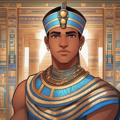 Prompt: A young man pharao. Cute. Well draw face. detailed. A Lively square in an Ancient egyptian city. rpg art. rpg illustration.  2d art. 2d.