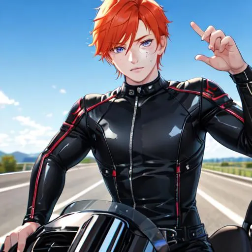 Prompt: Erikku male (short ginger hair, freckles, right eye blue left eye purple) muscular, riding a motorcycle on the freeway, UHD, 8K, Highly detailed, insane detail, best quality, high quality