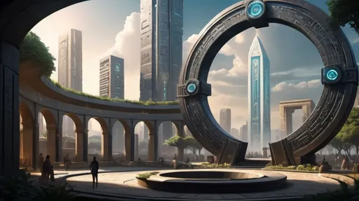 Prompt: magical portal between cities realms worlds kingdoms, circular portal, ring standing on edge, upright ring, freestanding ring, hieroglyphs on ring, complete ring, ancient babylonian architecture, gardens, large wide-open city plaza, turned sideways view, futuristic cyberpunk tech-noir setting