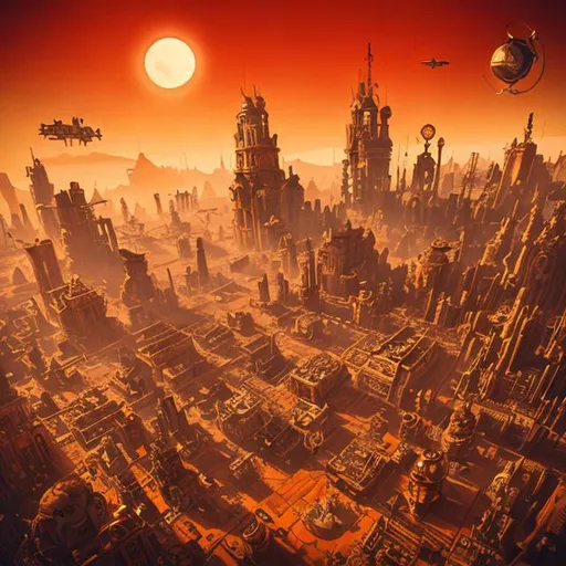 Prompt: Flying steampunk city above desert lands of hot sun in nice red and orange colors
