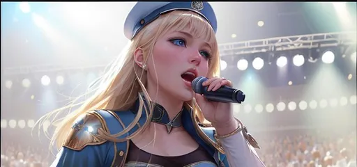 Prompt: A white girl with blonde hair and blue eyes,  singing on a stage with bright lights in front of a big audience, perfect features, extremely detailed, realistic. Krenz Cushart + loish +gaston bussiere +craig mullins, j. c. leyendecker +Artgerm. 