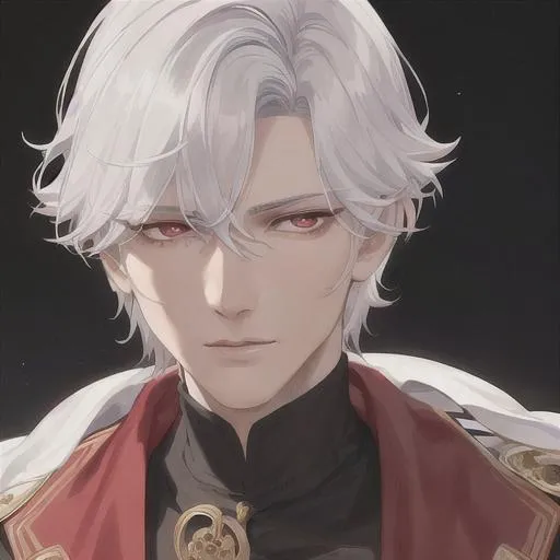 Prompt: "A close-up photo of a handsome prince with short trimmed hair, white hair, red eyes, wearing a kings robe, in hyperrealistic detail, with a slight hint of disgust in his eyes. His face is the center of attention, with a sense of allure and mystery that draws the viewer in, but his eyes are also slightly downcast, as if a sense of disgust is lingering in his thoughts. The detailing of his face is stunning, with every pore, freckle, and line rendered in vivid detail, but the image also captures the subtle emotions of disgust that might lie beneath his surface."