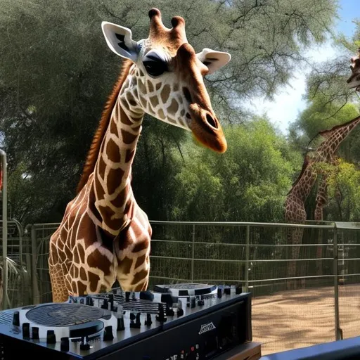 Prompt: A giraffe is DJ at the zoo