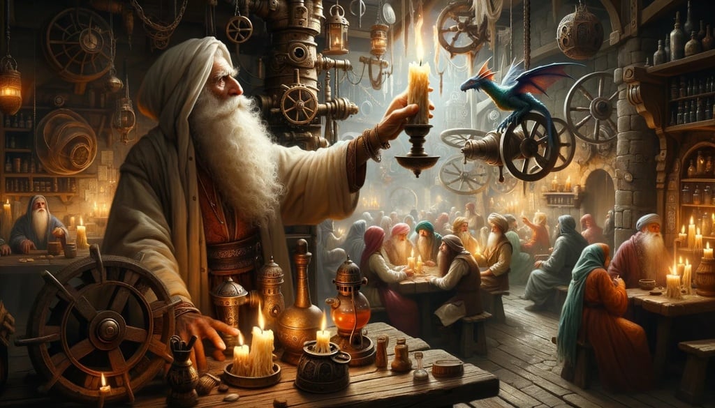 Prompt: A digital art piece portraying an atmospheric tavern scene. An elderly man of Middle Eastern descent, with a long white beard, holds a candle aloft, revealing patrons from various fantasy races engrossed in their conversations and activities. Intricate machinery and contraptions are scattered around, adding to the charm.