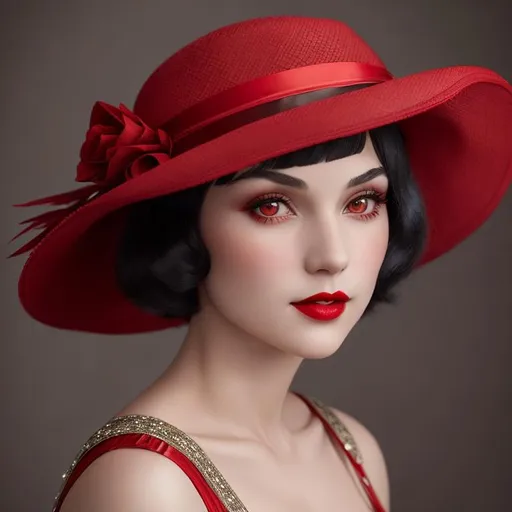 Prompt: a pretty girl  dressed in red,  flapper, wearing a  large red hat 1920's era, bob hair cut, 1920's era makeup, facial closeup