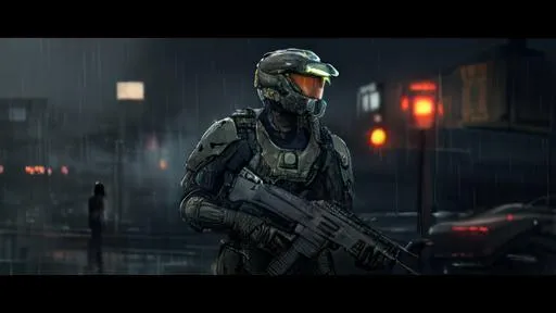 Prompt: Professionally illustrated art of a marine from Halo standing in the rain, intricate details, full-body portrait, HDR, 64K, highly detailed, nostalgic light, best version,