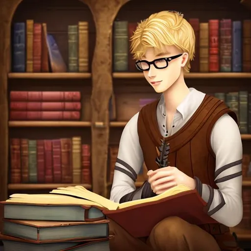 Prompt: Medieval man blond tall skinny bookworm