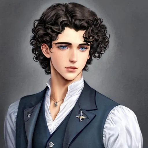 Prompt: very handsome 21 year old man, dark, curly hair, crystal blue eyes, 1st class Titanic passenger, Stylish clothes for 1912, closeup, realistic