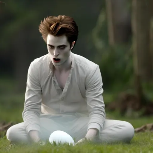 Prompt: Edward cullen from twilight laying an egg like a bird
