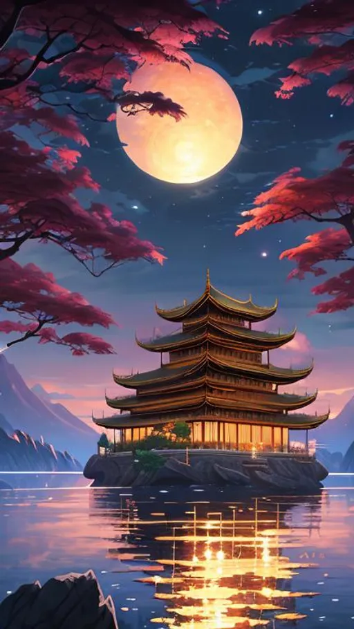 Prompt: Oil painting of floating oriental fantasy building with big maple tree in the sky at starry sunset, highly detailed, vivid color, 64k, smooth, high resolution, trending on artstation, makoto shinkai and rossdraws