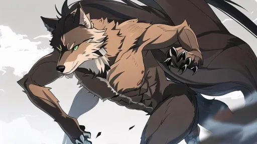 Prompt: A werewolf in a beast form slashed at the air, leaving behind a mark in the air. His fur is as dark as night, and he is muscular but slim. His body is that of a wolf mixed with a human. He looks like a full wolf. He has green eyes with a vertical slit for his pupil, and his claws are as white as ivy. His entire body is covered in fur. He looks like a 1990 werewolf. He is in the middle of a battle. And they are in the middle of a forest with the full moon clearly visible.