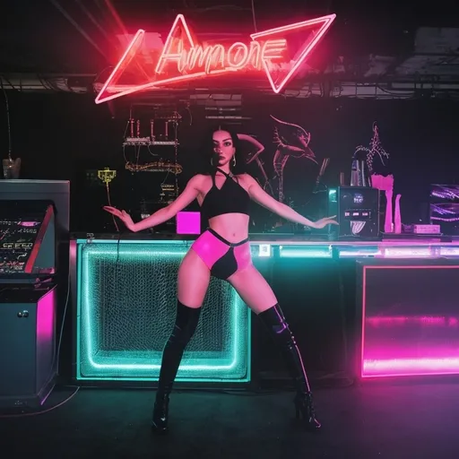 Prompt: a beautiful female demon in a dynamic pose in a retro futuristic synthwave cyberpunk neon paradise.  neon lighting, high quality, beautiful, synthwave, cyber, retro, futuristic