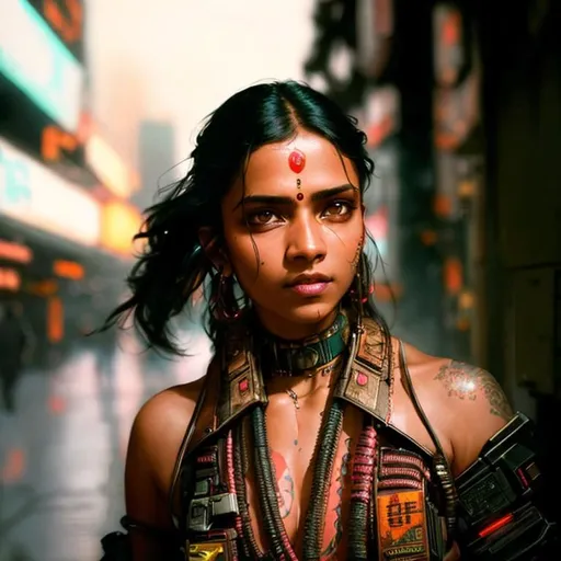 Prompt: beautiful cyberpunk indian female, hyper detail, cinematic lighting, black hair, neon light city, 4k, trending on artstation, pixiv, perfect detail, Jeremy Mann, Rutkowski, and other Artstation illustrators, intricate details, face, full body portrait, headshot, illustration, UHD, 4K, high resolution face, detailed face, high definition eyes, detailed eyes