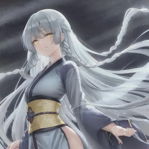 Prompt: Beautiful girl with long light blue hair in a braid. She has light yellow eyes smiling cutely. Wearing a completely dark blue kimono. At night. Her eyes glow. She is in a field of light yellow lilys.