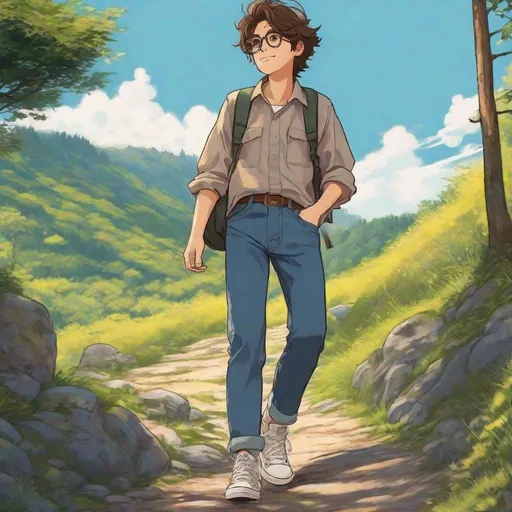 Prompt: Third person, gameplay, high quality, feminine man, wavy brown hair, brown eyes, glasses, glasses, nice shirt with cuffed jeans and converse sneakers, cool atmosphere, hiking on a scenic trail, cool atmosphere, anime style, manga style, Studio Ghibli, extremely detailed print by Hayao Miyazaki, 