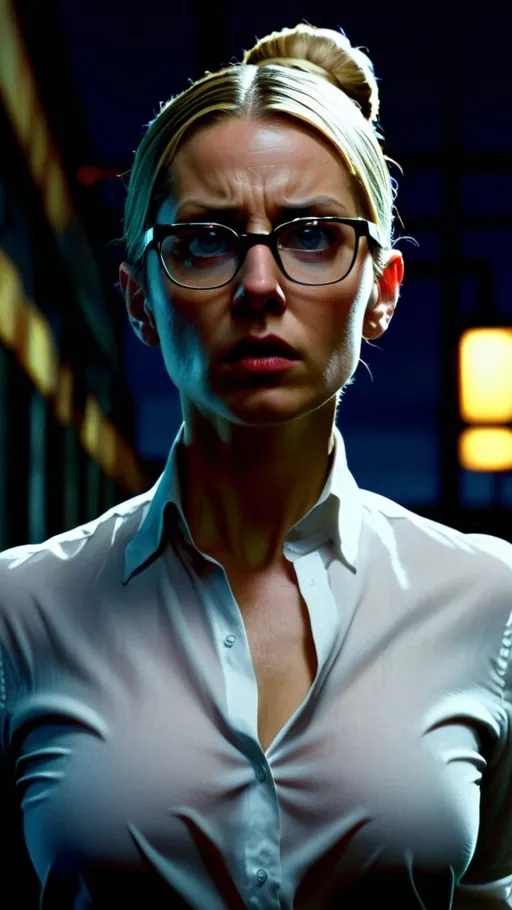 Prompt: A thirty-five-year-old woman with blonde hair tied in a bun, thin rimmed spectacles, white blouse, detailed clothing, realistic, strong shadows, nighttime, industrial background