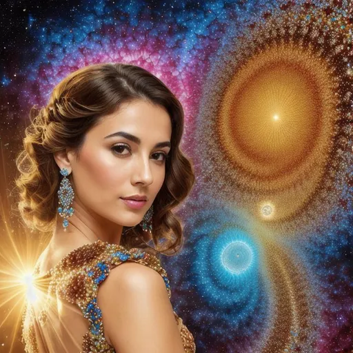 Prompt: full color voronoi on julia clusters fractal in fibonacci spiral sky background with sun and moon, Please produce a  picture of a full body visible elegant female full color brown julia clusters fractal on voronoi dressed as french artist, looking at viewer, photography, Stunning, updo, detailed skin, extremely detailed face with eyes and iris, luxury jewelry, old manorб Grease style realistic, photo-realistic,  highly detailed, full length frame, piercing, diffused soft lighting, shallow depth of field, sharp focus, hyperrealism, cinematic lighting highest quality, highest detail, Cinematic, Long Exposure,