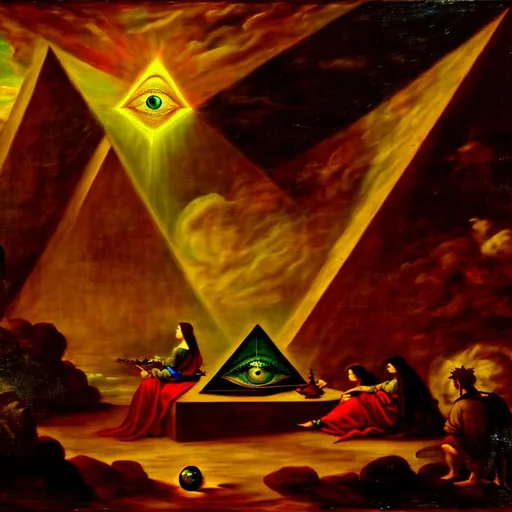 Prompt: renaissance painting, demon, fear, solitude, triangle, eye, alchemy,