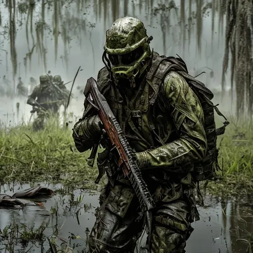 Prompt: swamp warfare, brutal combat, modern
