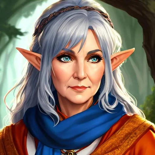 Prompt: character portrait, druid, dungeons and dragons, middle aged woman, elf, pointy ears, content, eye wrinkles, greying-hair, orange and blue scarf