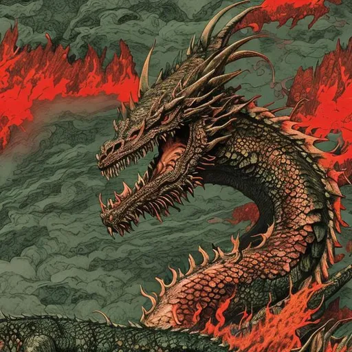 Old Crazy Dragon Green Detailed Scales Fire Pain Red Blaze of Ethereal Hell Background of Volcan