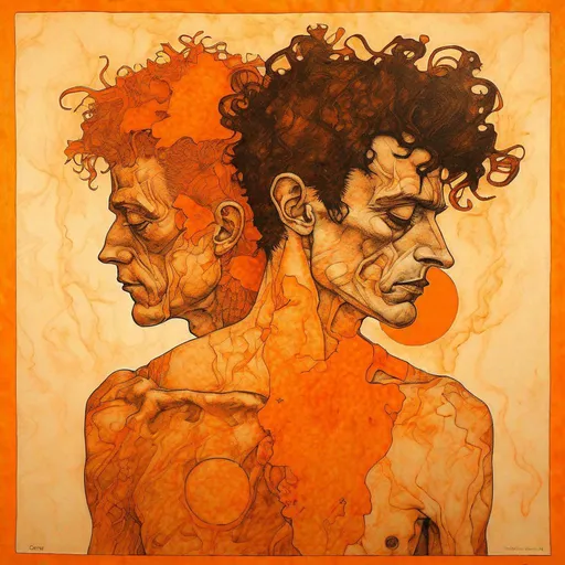 Prompt: Egon Schiele and Zdzisław Beksiński style illustration Orange "Sunday Morning" tattoo large canvas