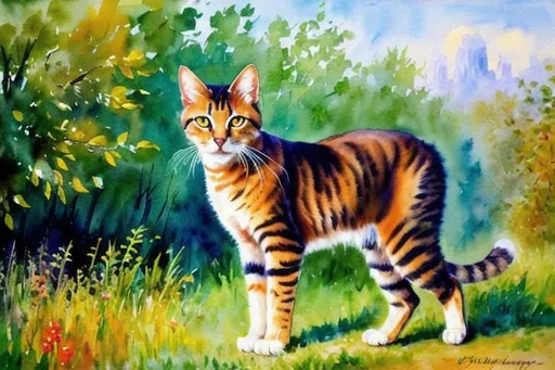 Prompt: exploring cat, realistic cat, wild cat, beautiful background, realistic, watercolor, impressionist, monet, fullbody, erin hunter warrior cats, journey, oil painting, realistic detailed fur