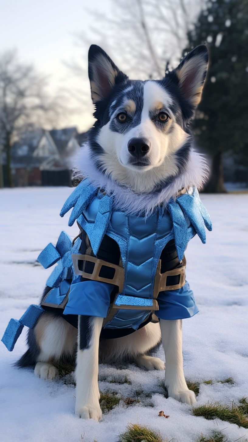 Prompt: Bluey the cattle dog, walking on two feet like a human, dressed as Tartaglia from Genshin Impact with a bow made of ice, in a dynamic but adorable pose --v 5.2 --ar 9:16