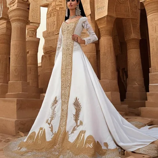 Prompt: A women's wedding dress with heritage and pharaonic inscriptions in white color and golden pharaonic inscriptions mixed with the modern cut