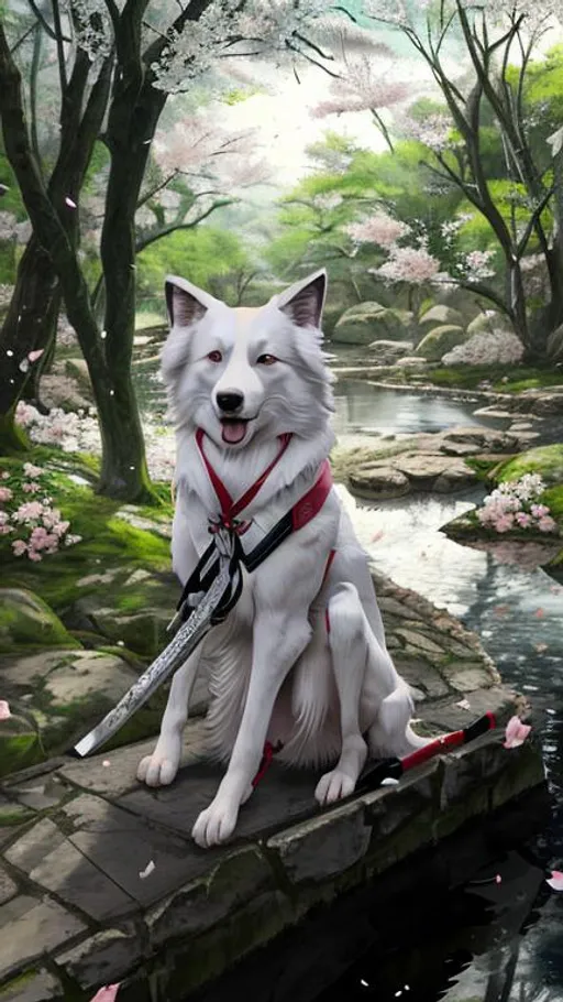 Prompt: Studio Ghiibli Art,Samurai Themed, Dog as Detailed Beauty White Border Collie with Full Body Kimono  Costume, Holding a Katana, Standing Up , White Roses in the bottom , Forest and Pink Sakura Petals Falling in  Background , Very Detailed , 8k, High Quality , HD, High resolution, 1080p