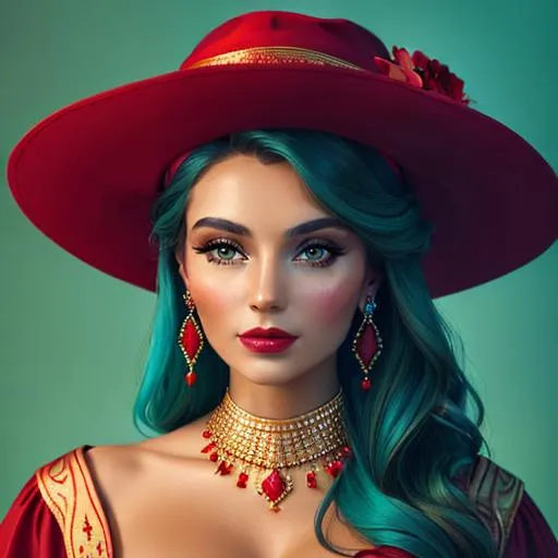 Prompt: Beautiful ethereal woman. color scheme of tuquoise and red., wearing turquoise and gold jewlery, wearing a red hat with red flowers, facial closeup