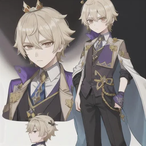 Prompt: A innocent calm powerful boy king with cool clothes, and a crown, genshin impact 