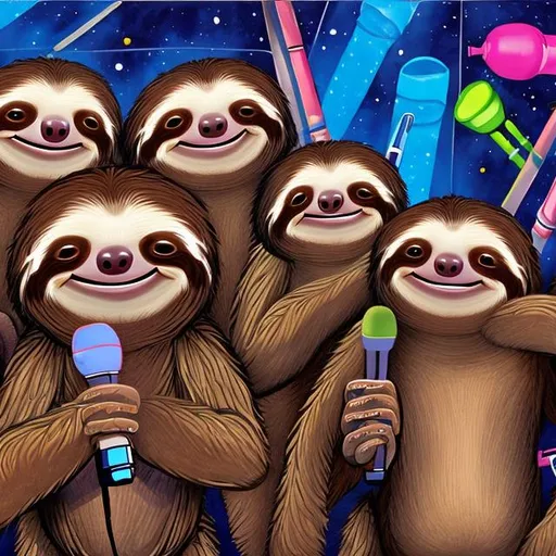 Prompt: a painting of sloths doing karaoke at a night club