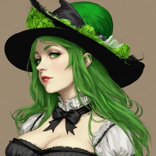 Prompt: Elegant formal Very Busty chubby victorian English Witch woman wearing hat with green hair 