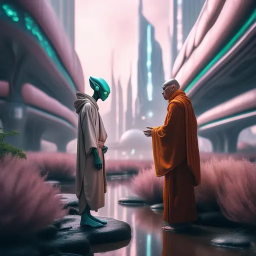 Prompt: photorealistic, sony alpha 7iii, futuristic city integrated into nature, crying alien standing next to human monk, sad vibes, soft colors