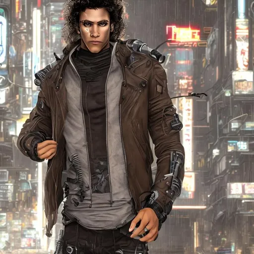 Prompt: a male character wearing a cyberpunk outfit with curly hair and tan skin tone