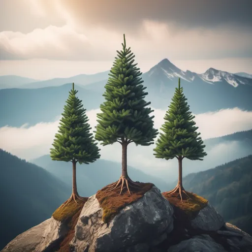 Prompt: three little trees on a mountaintop dreaming of growing up
