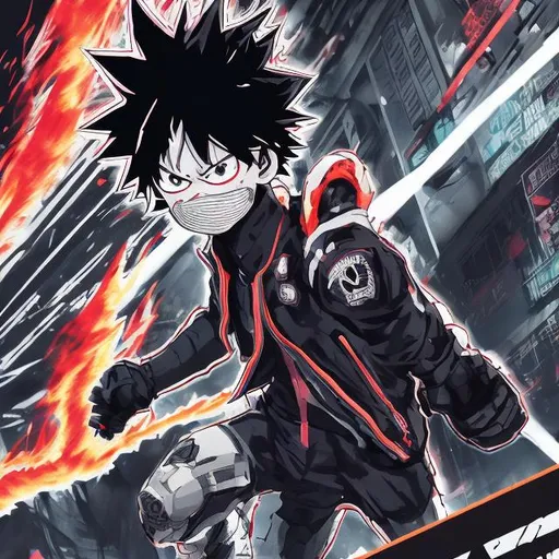 Prompt: Black and neon accents. Accurate my hero academia uniform. Todoroki Shoto masked as villain. Casting fire and ice. Very Dark image with lots of shadows. Background partially destroyed neo Tokyo. Noir anime. Gritty. Dirty. Visceral.