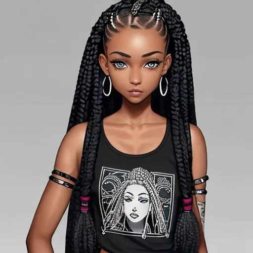 Prompt: punk, insanely beautiful 16 year old girl. beautiful box braids.  wearing a black top and black jeans. perfect grey eyes. perfect anatomy. symmetrically perfect face. hyper realistic. soft colours. no extra limbs or hands or fingers or legs or arms. full body view. dark skin.