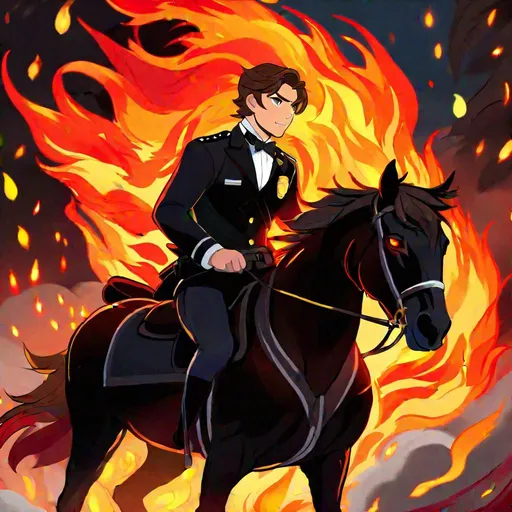 Prompt: Caleb  as a police officer (brown hair) (brown eyes) wearing a tuxedo, full body, riding a (black coated demon horse, glowing red eyes, glowing fire mane, and glowing fire tail) running through hell, rearing up on its hind legs