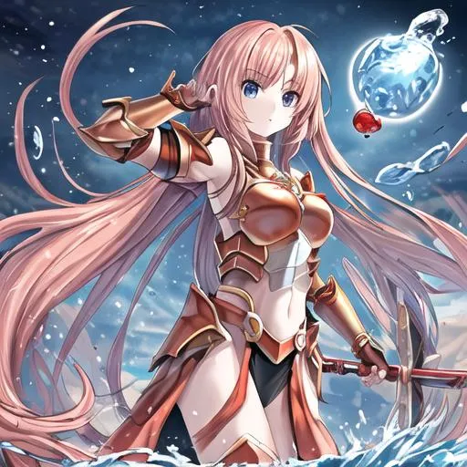 Prompt: warrior girl with very very long hair and a orbe of water and red armour