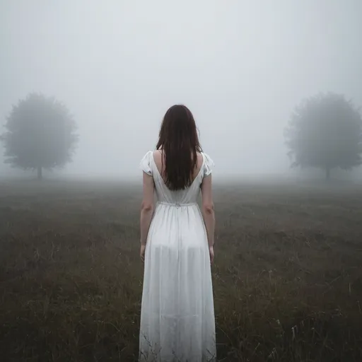 Prompt: lady standing in a creepy field wearing a white dress, back towards me, misty